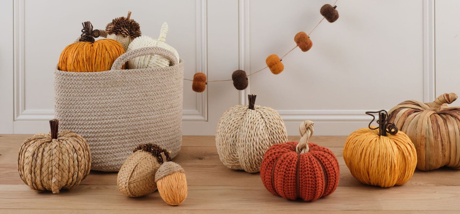 Handmade Yellow Straw Pumpkin with Decorative Stalk