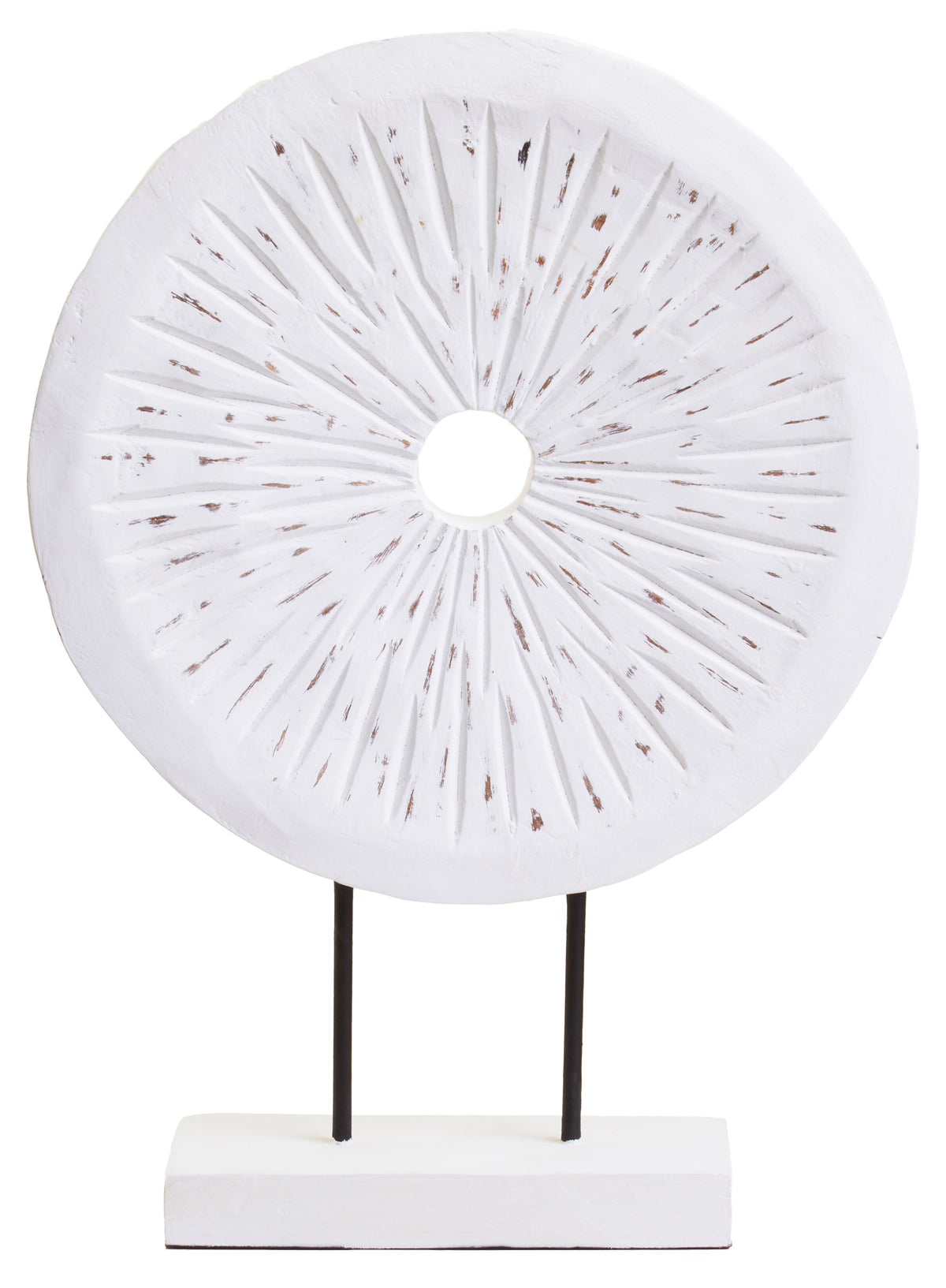 Fidel Distressed White Carved Wood Large Round Sculpture