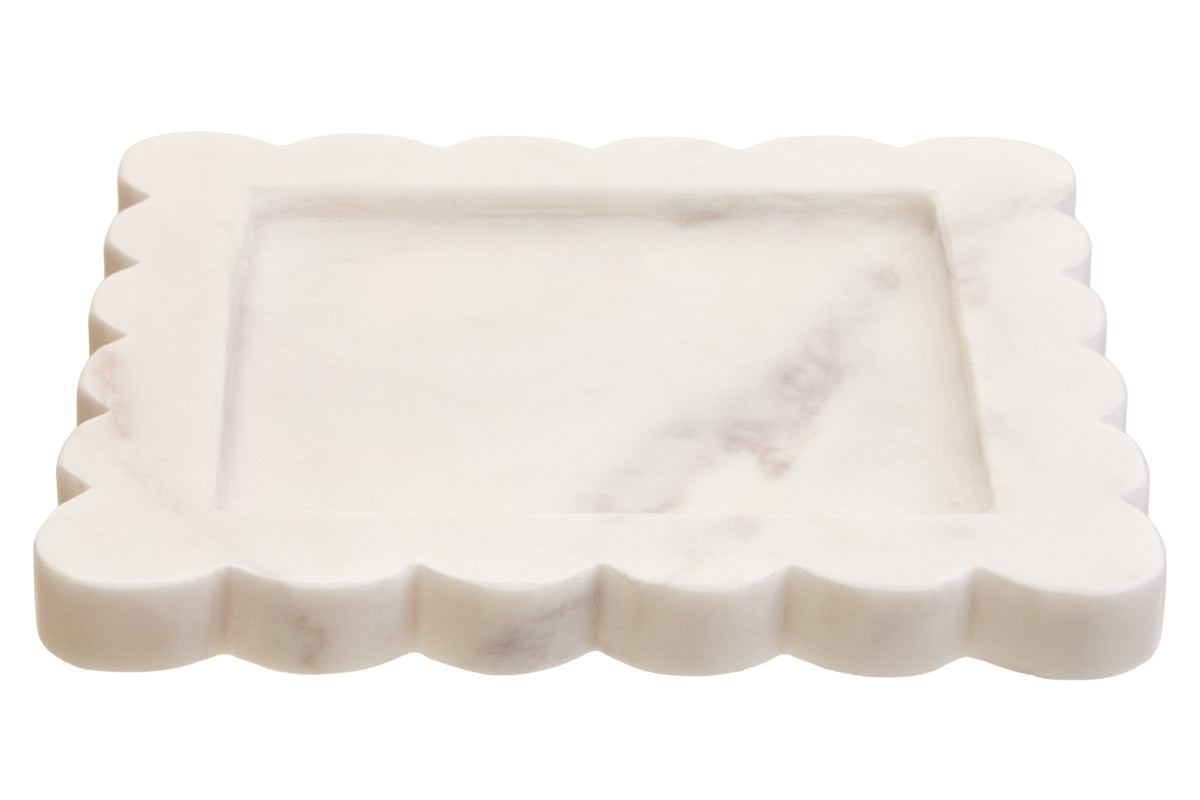 Savio White Marble Square Small Tray with Scallop Edges