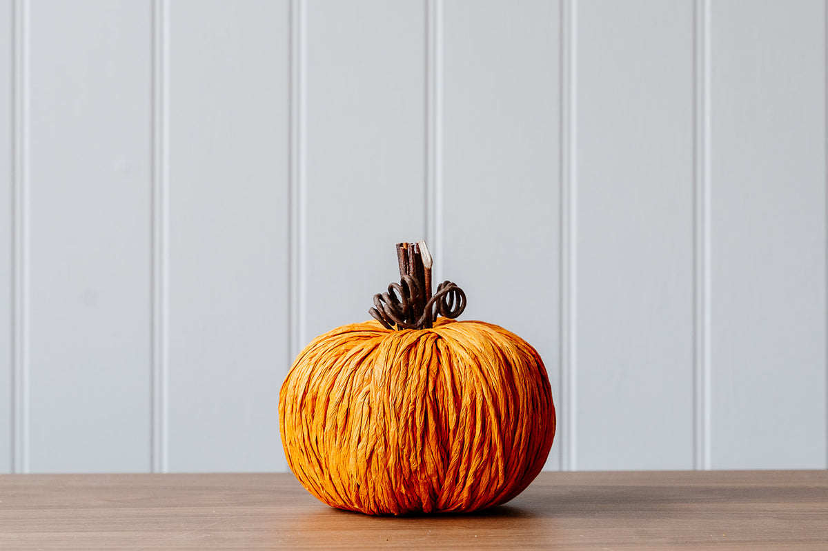 Handmade Burnt Orange Straw Pumpkin with Decorative Stalk
