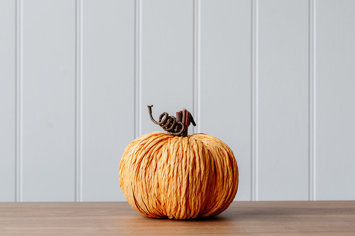Handmade Yellow Straw Pumpkin with Decorative Stalk