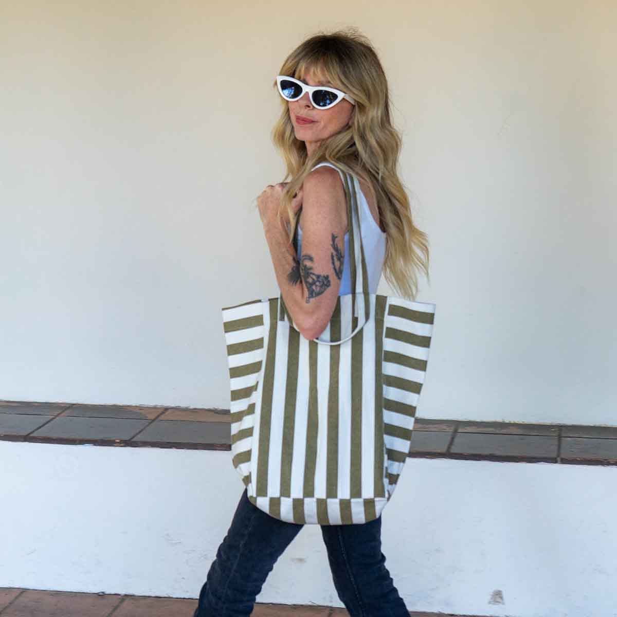 ELISABETH TOTE BAG STRIPES OLIVE / GREIGE